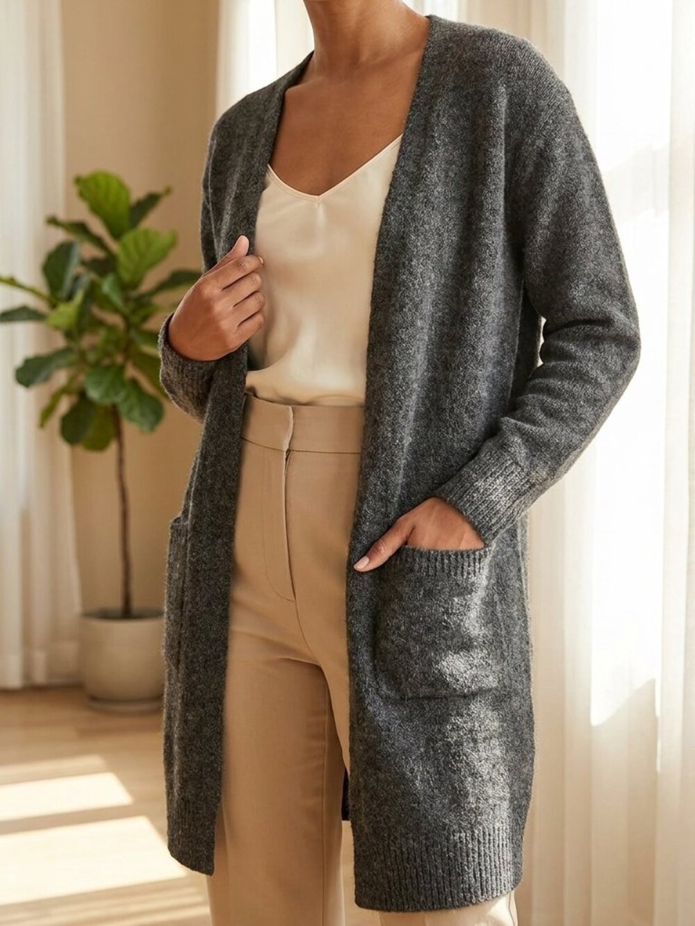 Now N Forever Gray Open Front Long Cardigan Sweater Pockets Size M/L
